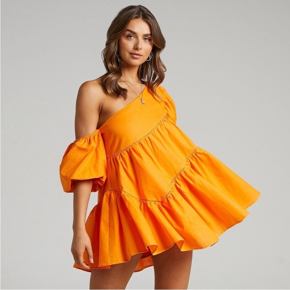 Showpo. Dresses & Skirts - Showpo. Harleen Puff Sleeve Asymmetric Off the Shoulder Orange Mini Dress Sz 10